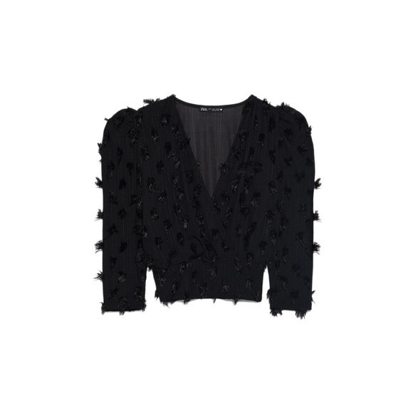 Zara Fringed Wrap Top Blouse Black Feather M - Picture 7 of 7